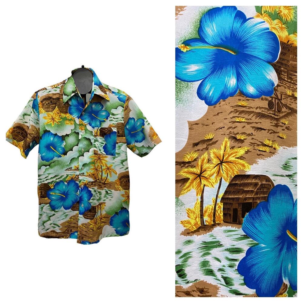 Vintage 1970s Hawaiian Tiki Print Button Down Board Shirt / Men's Medium